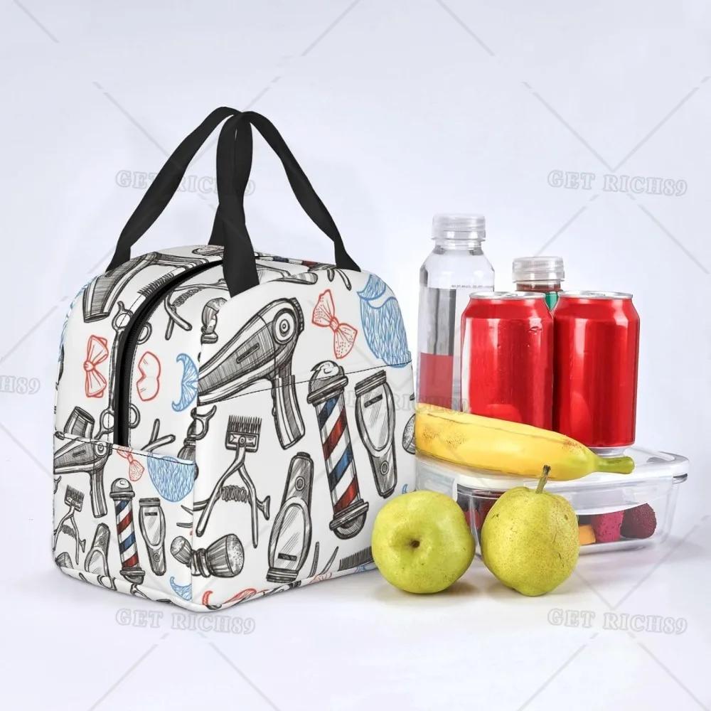 Barber Shop Monochrome Style Handheld Aluminum Foil Insulation Lunch Bag, Multi-Functional Box with Pocket for Women Men Work