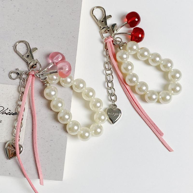 Ins Style Cherry Keychain Y2K Trendy Imitation Pearl Keyring Pendant Sweet Girly Bag Charm Hanging Decoration Car Key Holder