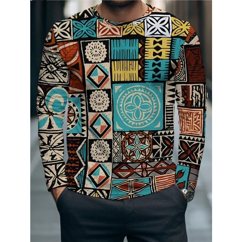Autumn and Winter Men's 3D Animal Geometric Printing Crew Neck Long Sleeve T-Shirt
