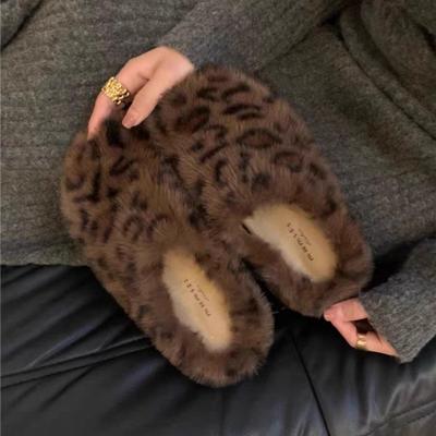 Leopardenfell Plateau Damen Hausschuhe Flats Pantoletten Winter Plüsch Baumwollschuhe Fad Slingback Flip Flops 2025 Trend Gemütliche Zapatos Mujer
