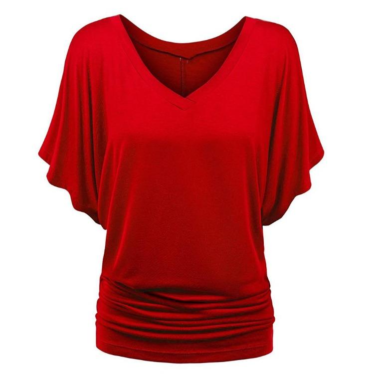 Plus Size Women Fashion Solid T Shirt Loose V Neck Batwing Sleeve Fold Hem