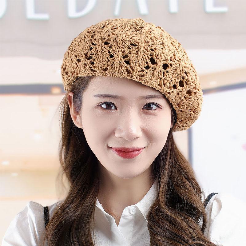 Women's Spring and Summer Hollow Knitted Beret Summer Crochet Pumpkin Hat Straw Hat Sweet Straw Cap