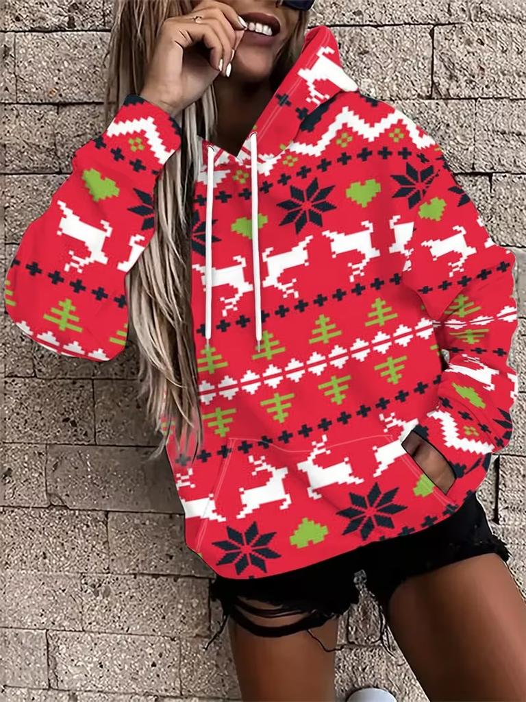 New Women's Christmas Style Hoodie Women's Long Sleeved Hooded Casual Pullover 3D Christmas Element Printed Loose Pullover Tops