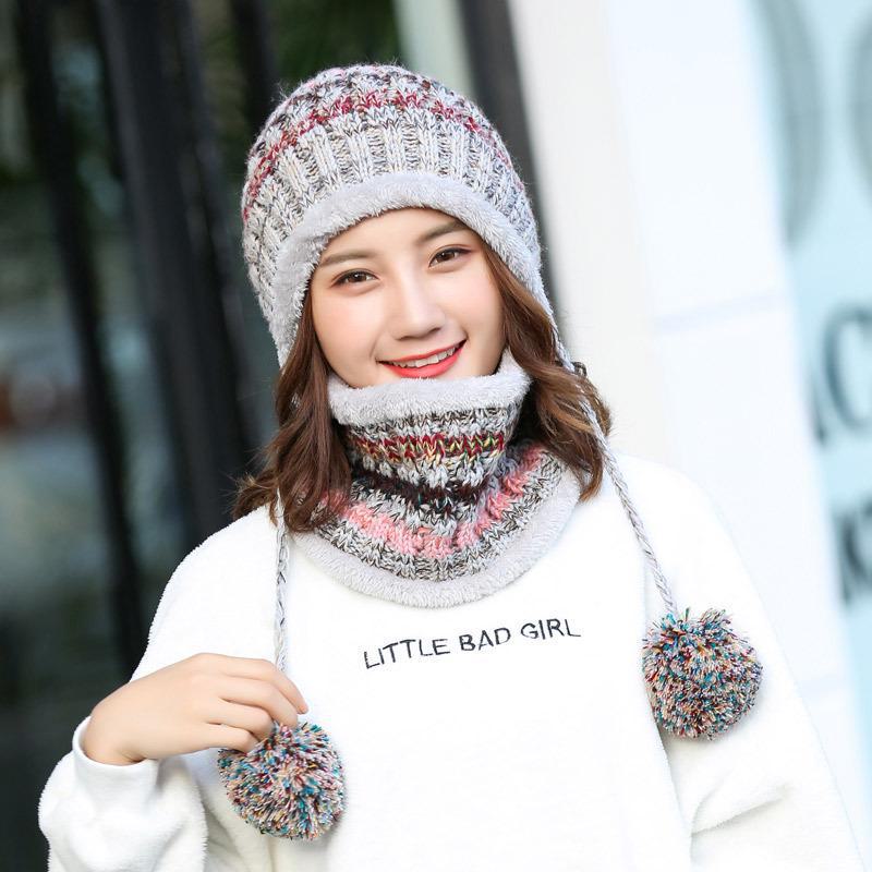 Korean Style Women's Knit Earmuff Hat and Scarf Set - Plush, Thick, and Trendy for Outdoor Warmth.