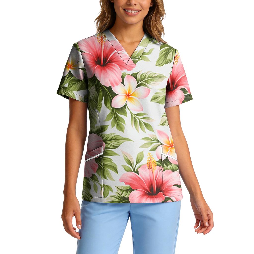 Women's Stretch Quick-Dry V-Neck Short Sleeve Workwear Top with Hawaiian Print & Pockets