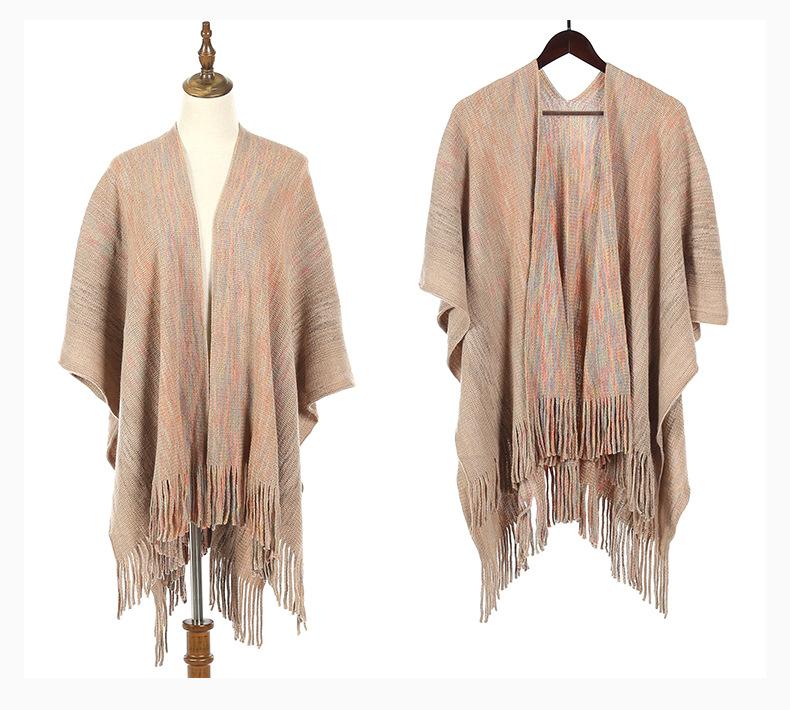 Women Gradient Space‑Dye Tassel Poncho Cape, Polyester Knit Open Front Shawl Wrap, Casual Soft Oversized Shoulder Cover Outerwear