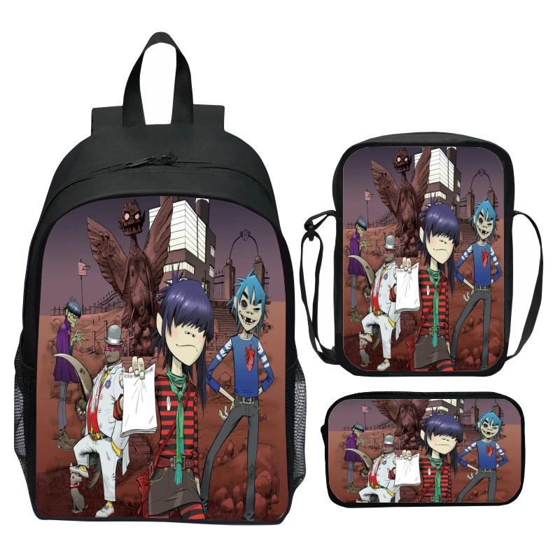 Gorillaz UK Virtual Band Printed Cartoon Backpack 3-Piece Set School Bag Lightweight Large Capacity