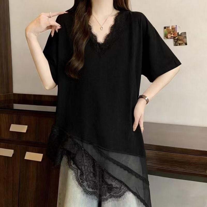 

Irregular Loose Women s T-shirt French Style V-neck Lace Patchwork Solid Color Famale T-shirts Summer Fashion Ladies Short Sleeved Top M чёрный