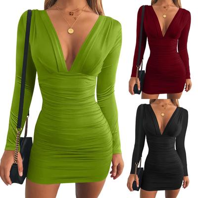 Women's V-neck Sexy Long-sleeved Short Skirt Solid Color High Waist Hip Dress