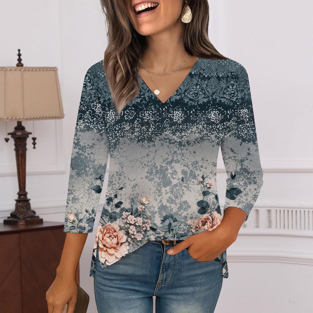 3/4 Sleeve Shirts For Women  Print Graphic Tees Blouses Casual Plus Size Basic Tops Pullover