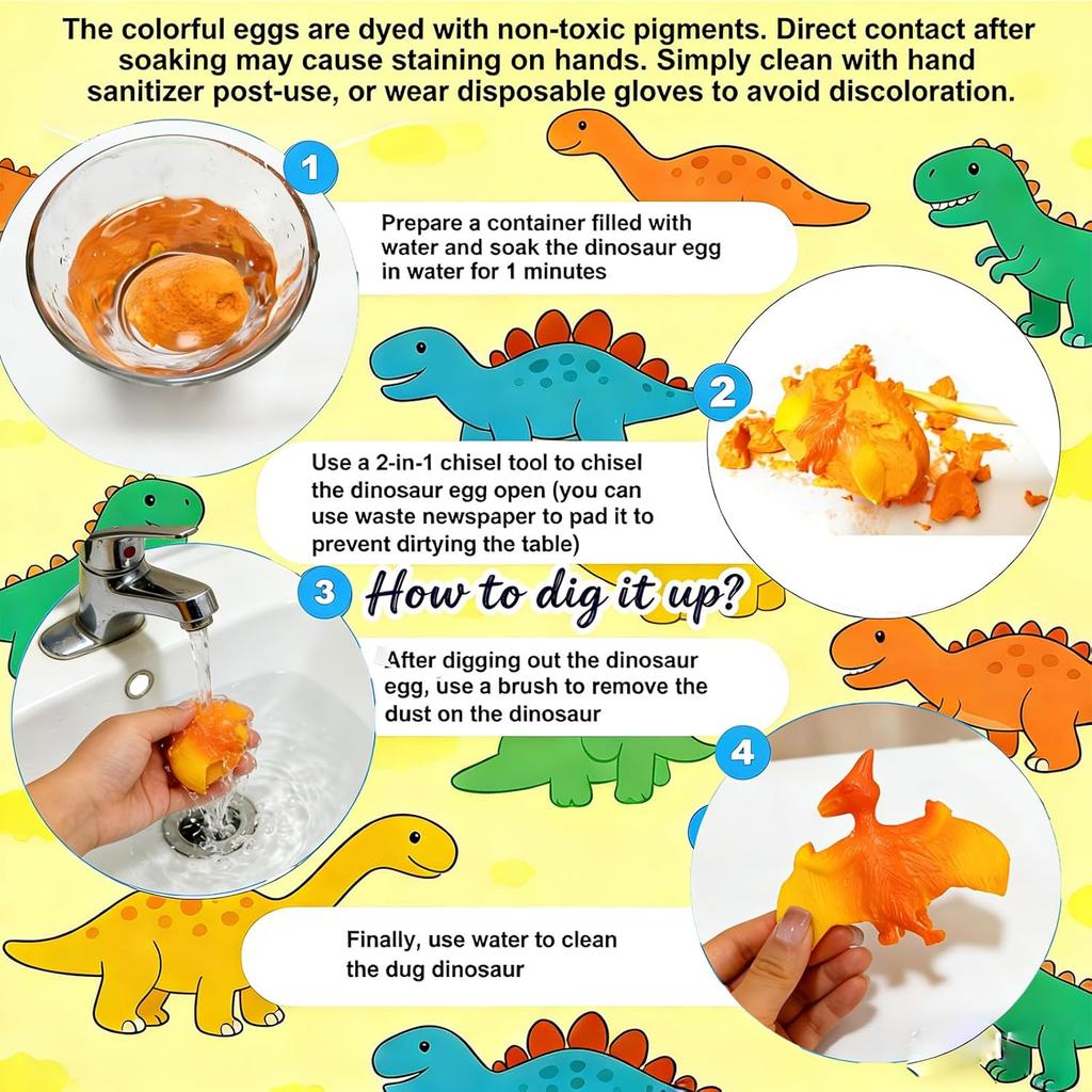 12Pack Easter Dino Egg Dig Kit, Dinosaur Excavation Toy with Tools & Learning Cards, STEM Archaeology Science Set, Easter Party
