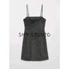 Summer New Arrival Women clothes Sexy Style Metal Color Line Trim Straight Collar Sleeveless Short Sling Dress 1067220