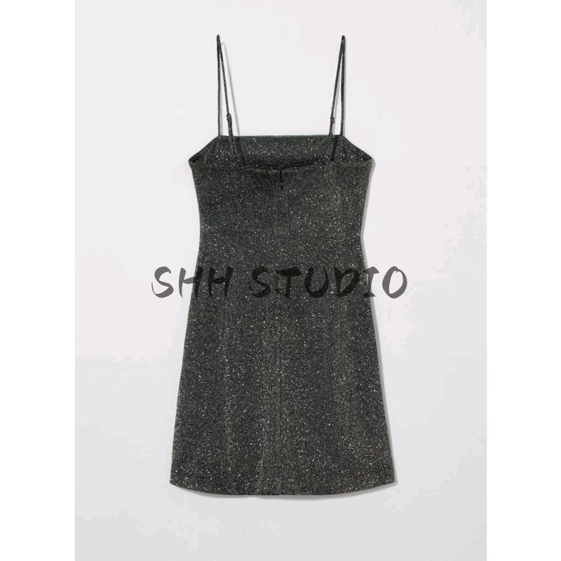 Summer New Arrival Women Clothes Sexy Style Metal Color Line Trim Straight Collar Sleeveless Short Sling Dress 1067220