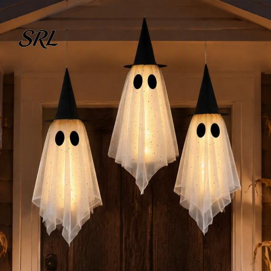 Indoor Halloween Party Props 3 Pcs Hanging Ghost Decoration, Spooky Large Mesh Three Piece Set with Witch Hat for Porch, Yard, Entryway, Haunted House