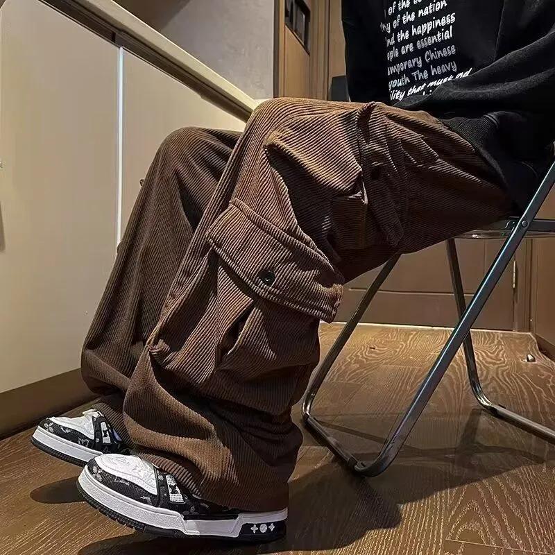 

Сафари Стиль Ретро Однотонные Брюки Карго Мужская Одежда Вельвет Осень Зима Шик Карманы Вставки Широкие Повседневные Брюки M коричневый