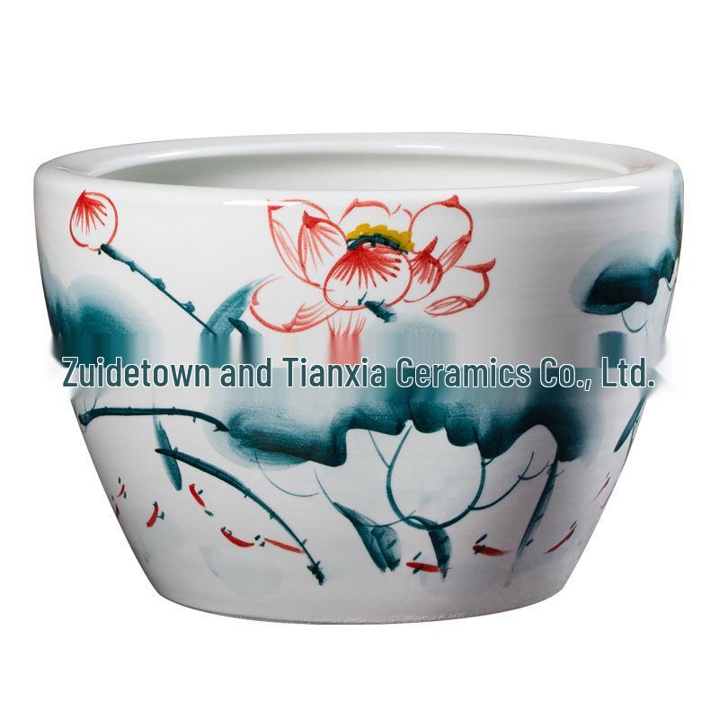 Hand-Painted Blue and White Lotus Landscape Ceramic Jar for Living Room or Outdoor Use