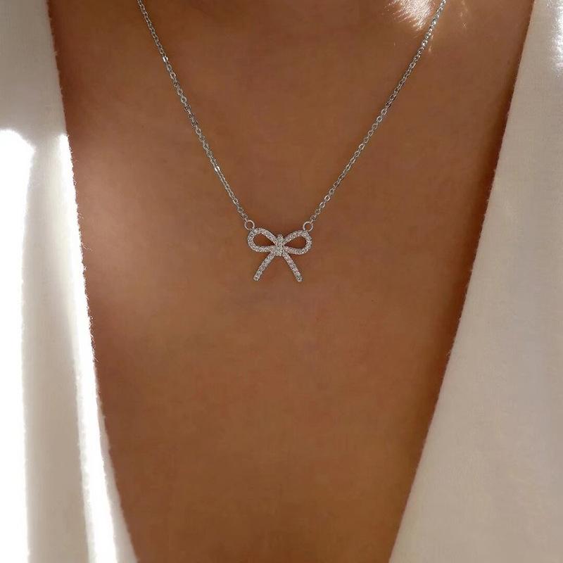 Bow Necklace Jewelry Simple Fashion Pendant Women's Alloy Diamond Neck Chain Sweater Chain