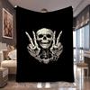 1pc Black Background Skull Rock Hand Gesture Print Flannel Blanket, Comfortable and Practical, Suitable for Blankets, Kid Bed Covers, Dormitory, Outdo