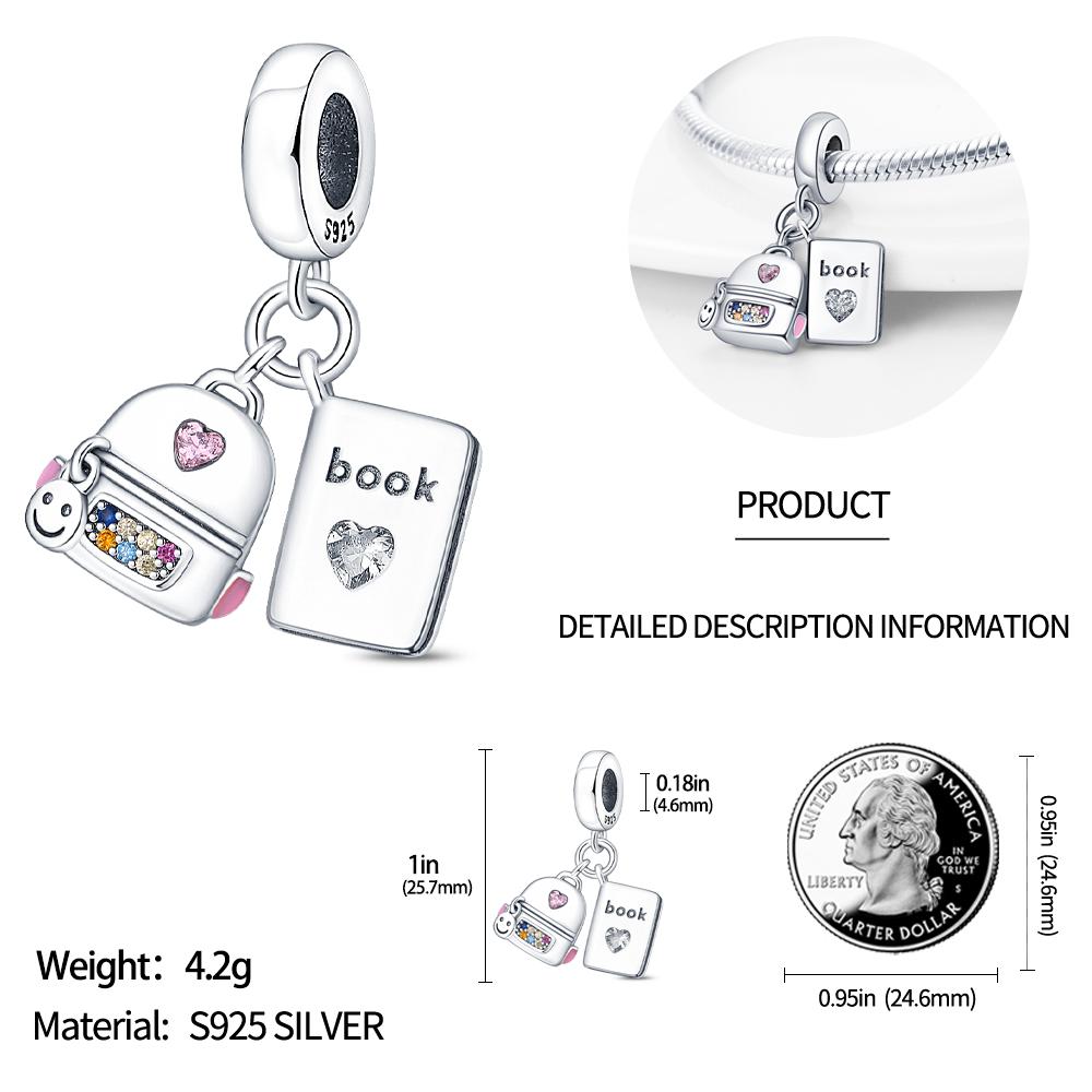 Charm Bead Charms Authentic copper Plated Schoolbag Books Pendant Bead Charms Compatible With Bracelets Diy Fine Gift Women Delicate Jewellery