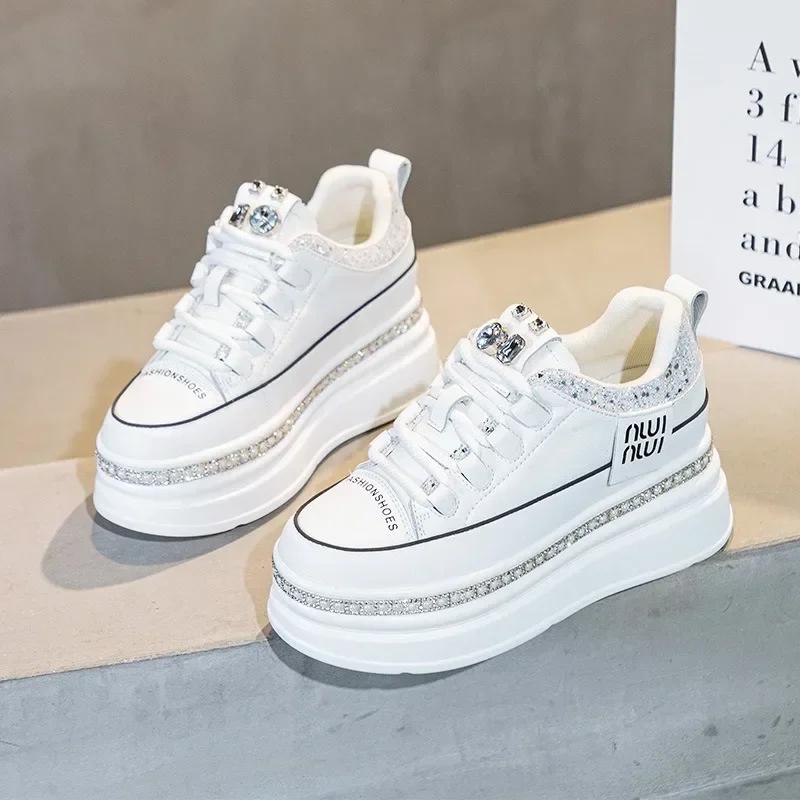 Mode Top-Qualität 7cm Echtes Leder Damen Plateau Keilabsatz Herbst Frühling Versteckte Absätze Damen Vulkanisierte Bling Sneakers Freizeitschuhe