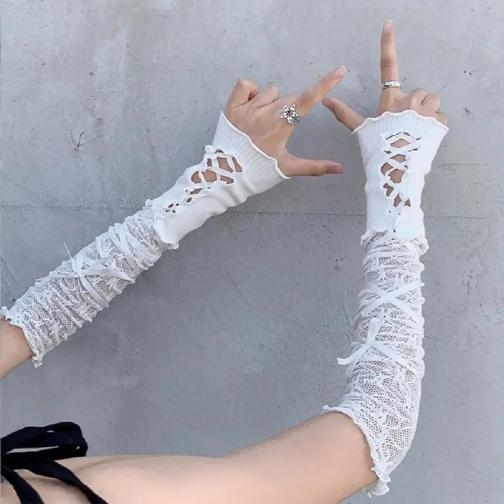 Women Lolita Jk Lace Fingerless Gloves Black Gothic DIY Strapping Sunscreen Sleeve Clothing Accessories Elastic Mesh Gloves 2055