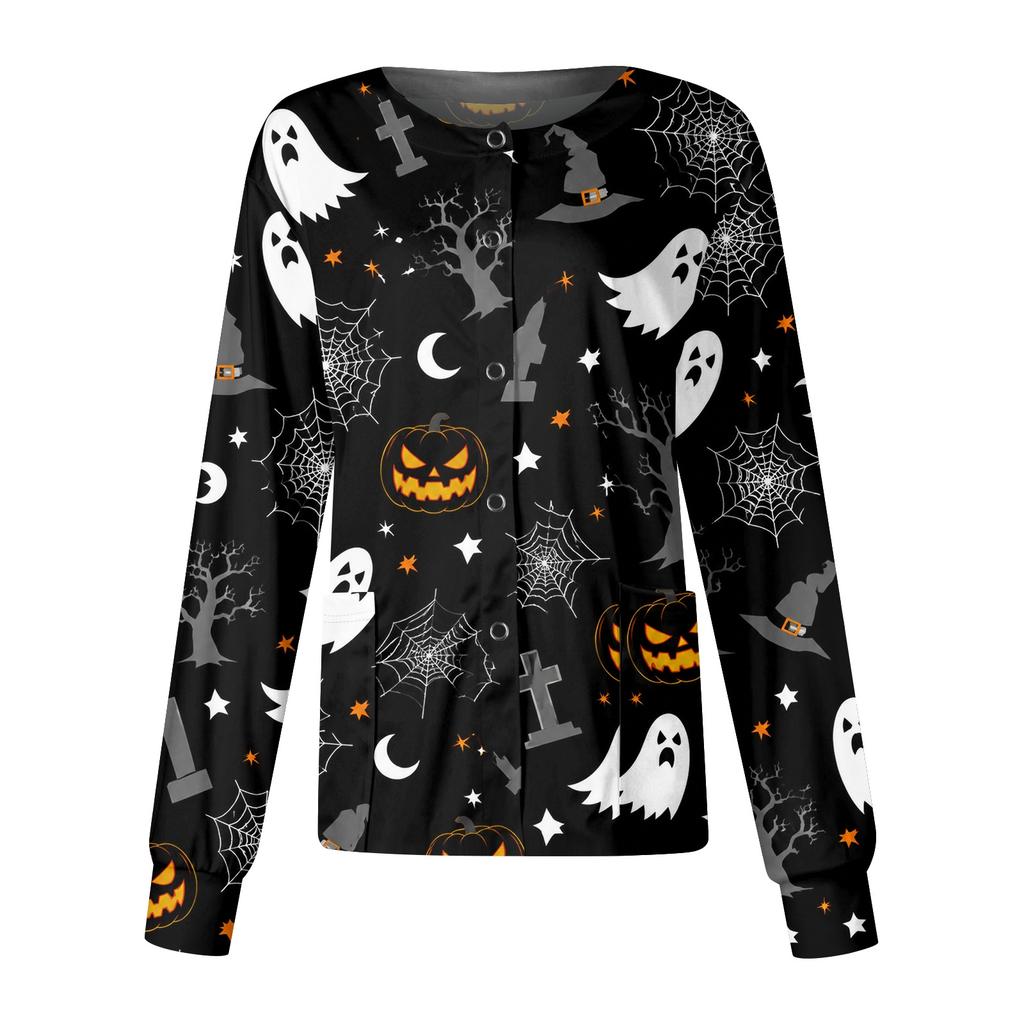 Women's Halloween Print Casual Long Sleeve Single Breasted Caregiver Cardigan Top Lightweight Comfortable Fit