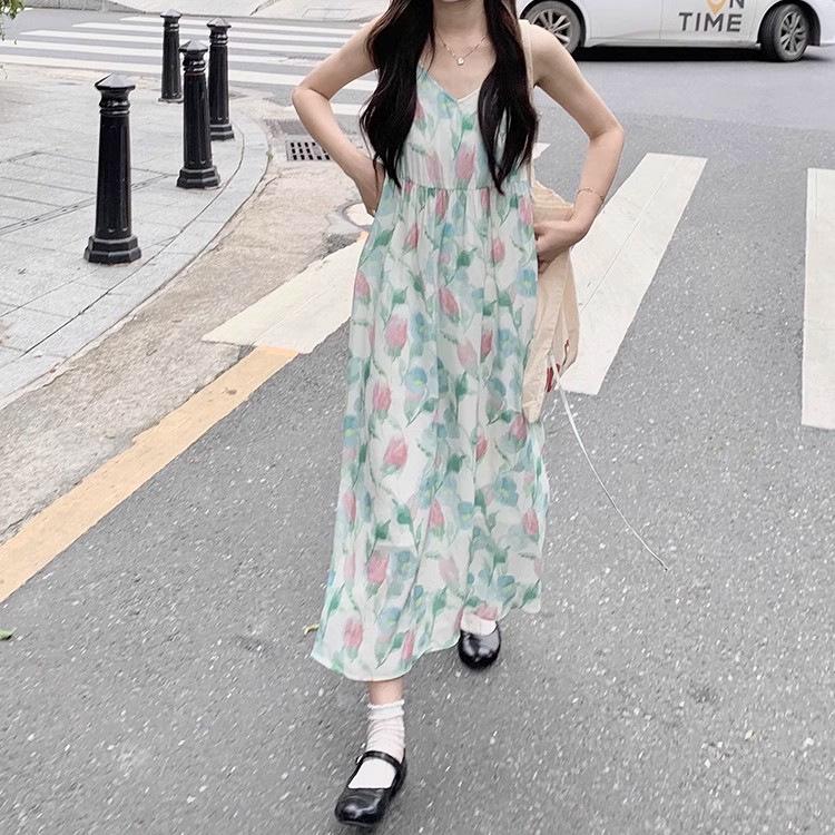 Süßes Sommer Tulpen V-Ausschnitt Träger Strandkleid