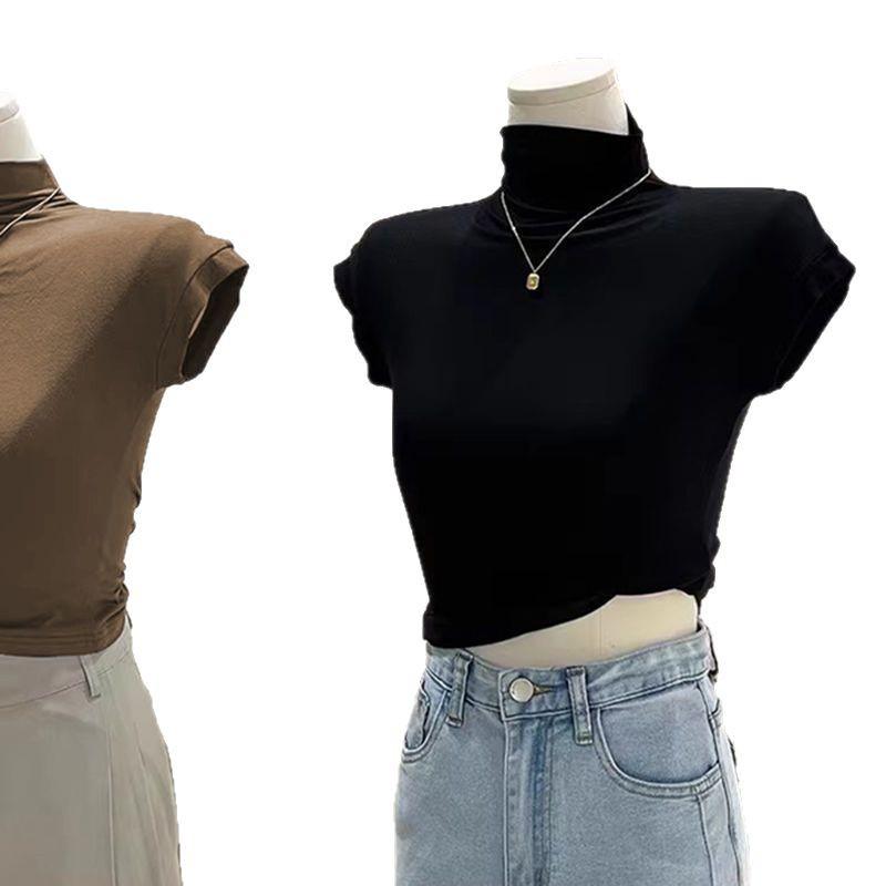 Women's Black Slim Fit Modal Cotton Semi-High Neck Short Sleeve Top