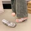 Mode Mit Rock Strass Sandalen und Pantoletten für Damen im Sommer Neu Eckige Zehenpartie Offene Zehenpartie Schleife Kristall Blockabsatz Pumps