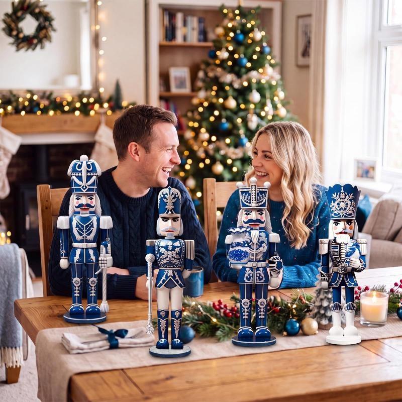 4Pcs Blue White Porcelain Style Wooden Nutcracker Soldier Figurines Vintage Gifts for Friends Home Living Room Decor