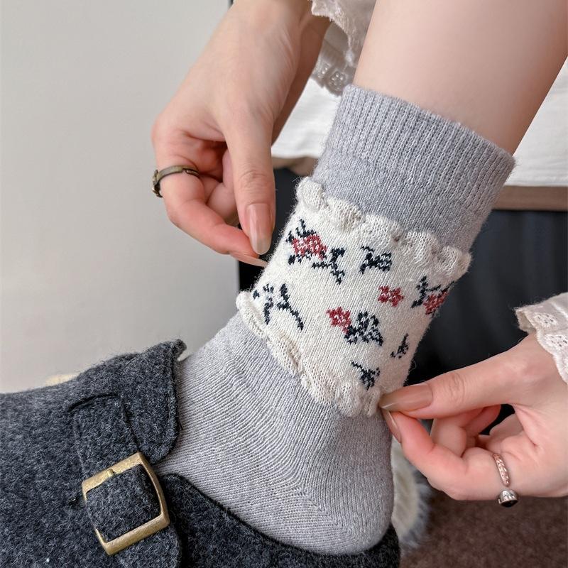 Floral Wool Socks - Children's Autumn and Winter Woolen Textured Mid-length Socks with Added Thickness for Warmth. Trendy Pile Socks for Winter.