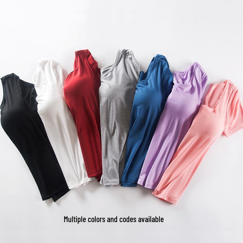 Women's Modal Short-Sleeve T-Shirt with Built-In Bra Cups, Solid Color, Ideal for Yoga, Home, or as a Base Layer Sports Top. No Separate Bra Needed.