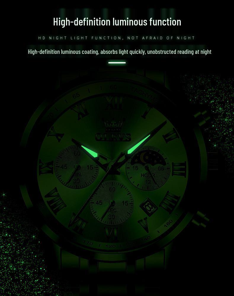 Oulishi Multifunctional Men's Waterproof Quartz Watch with Steel Band