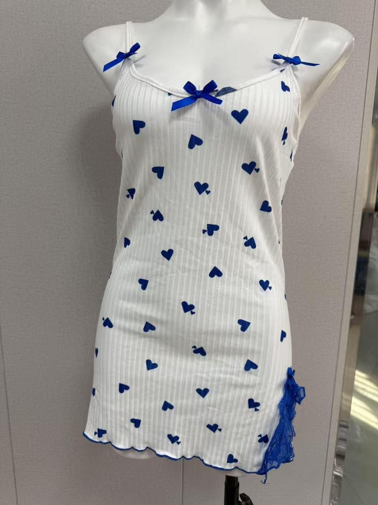 Blue Heart Print Camisole Nightgown with Lace Trim - Sexy Women's Pajamas