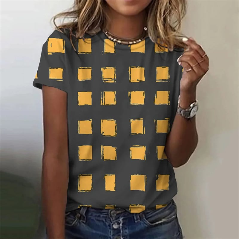 Stripe grid retro pattern 3D printed T-shirt for women's round neck T-shirt