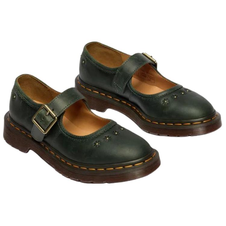 Dr. Martens Flower Mary Jane Leather Comfortable Thick Sole Women shoes Green 42391300