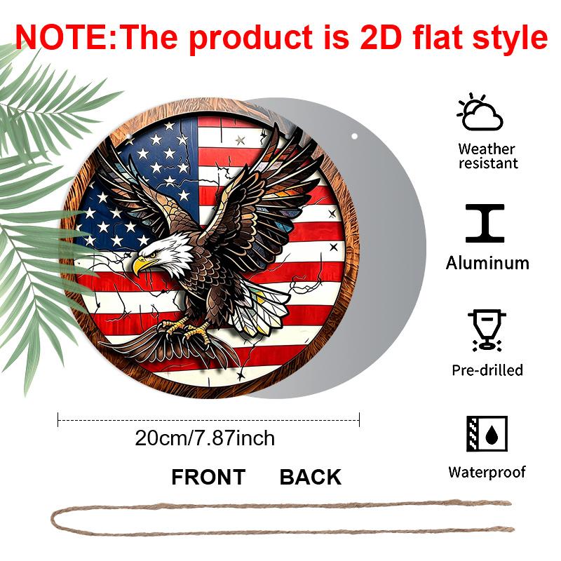 2D Flat Retro Round Aluminum Wall Hanging, Independence Day Flying Eagle Design, Indoor Outdoor Wall Decor, Home Commemorative Gift
