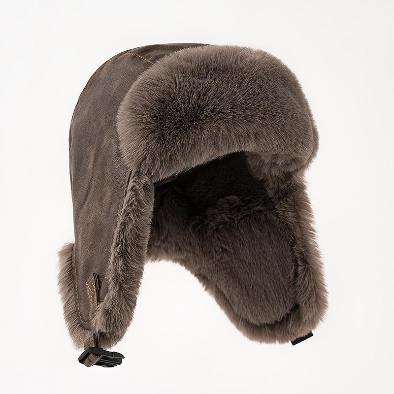 Leather Hat Lei Feng Hat Men Winter Thickened Pilot Warm Hat Women Northeast Windproof Cold Riding Headphones Bike Hat
