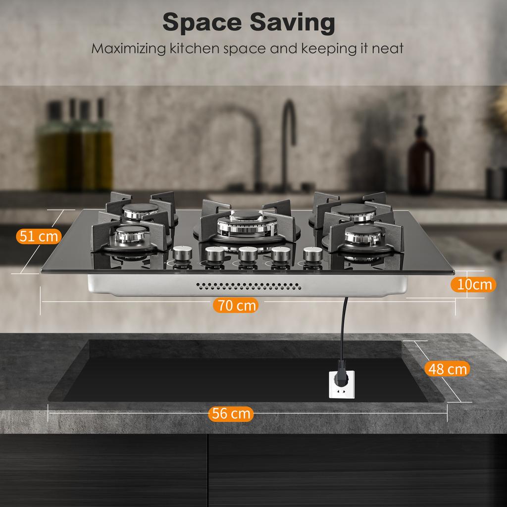 5-Burner 70cm Glass Gas Cooktop Built-In or Freestanding with Automatic Flame Protection for Natural Gas or Propane