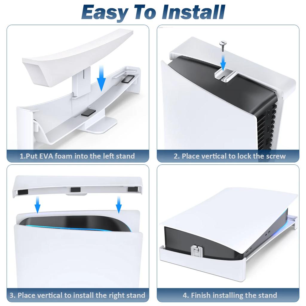 Horizontal Stand For PS5 Console, Anti-Slip Base with EVA Foam, Secure Fit With Screw, White ABS Bracket