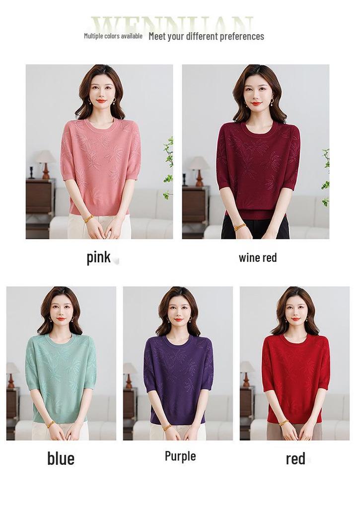 Spring & Autumn Knit Loose 3/4 Sleeve T-shirt for Women - Ice Silk, Stylish Large Size Base Layer