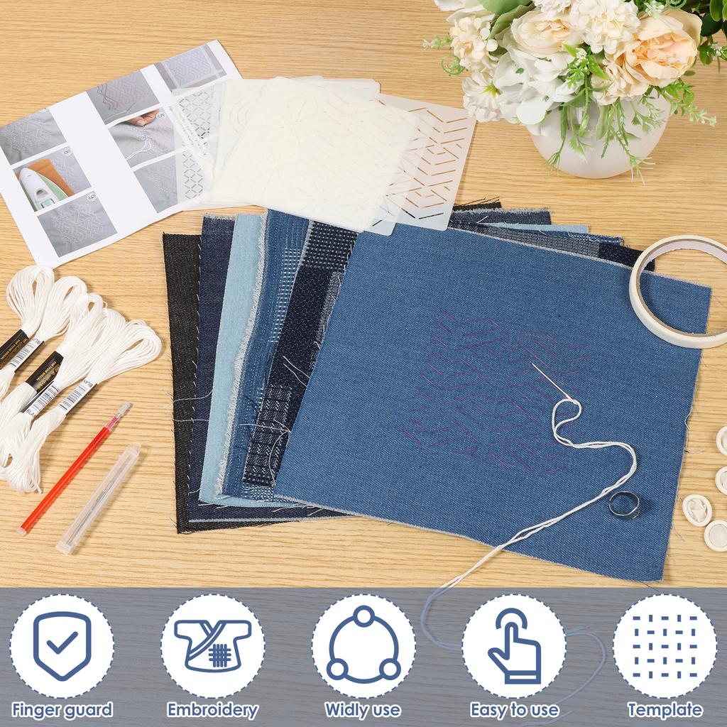 12 Pcs Sashiko Stencils Kit Complete Reusable Sashiko Thread and Needles Thimble Set Denim Fabric Embroidery Kits for Beginners