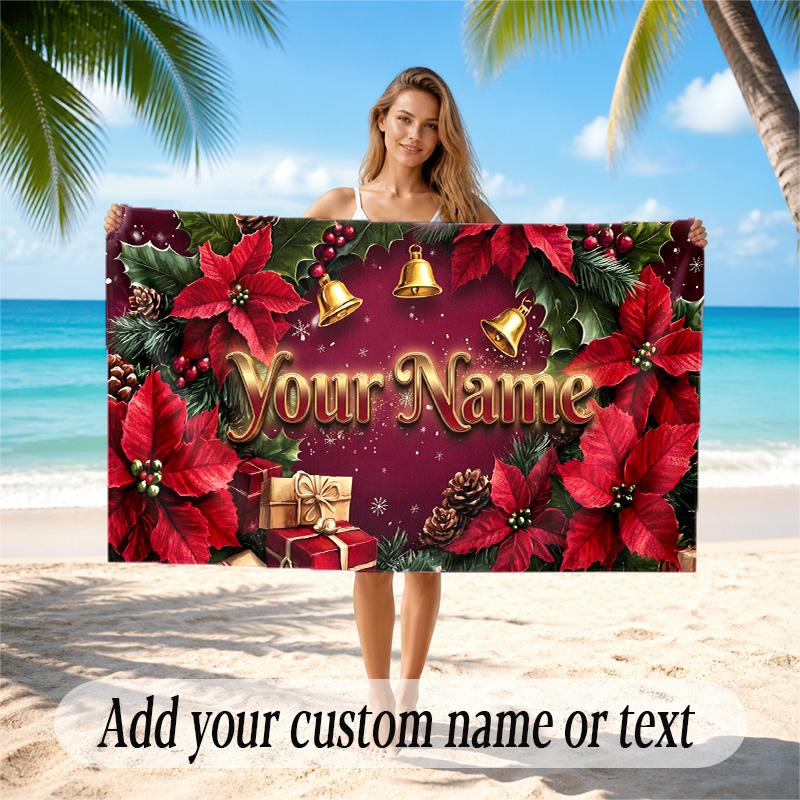 Christmas Theme Quick Dry Beach Towel Custom Name Text Print Large Sand Resistant Towel Beach Vacation