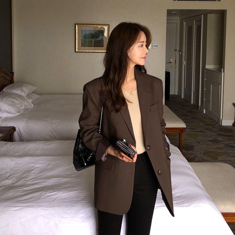 

Women s Korean-Style Brown Casual Top Suit Coat Black S