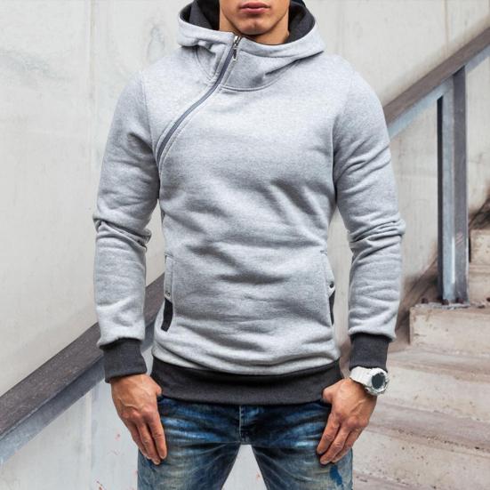 Autumn Winter Men Hoodie Slant Zipper Contrast Color Patchwork Pullover Thick Slim Fit Hooded Sweatshirt Streetwear
