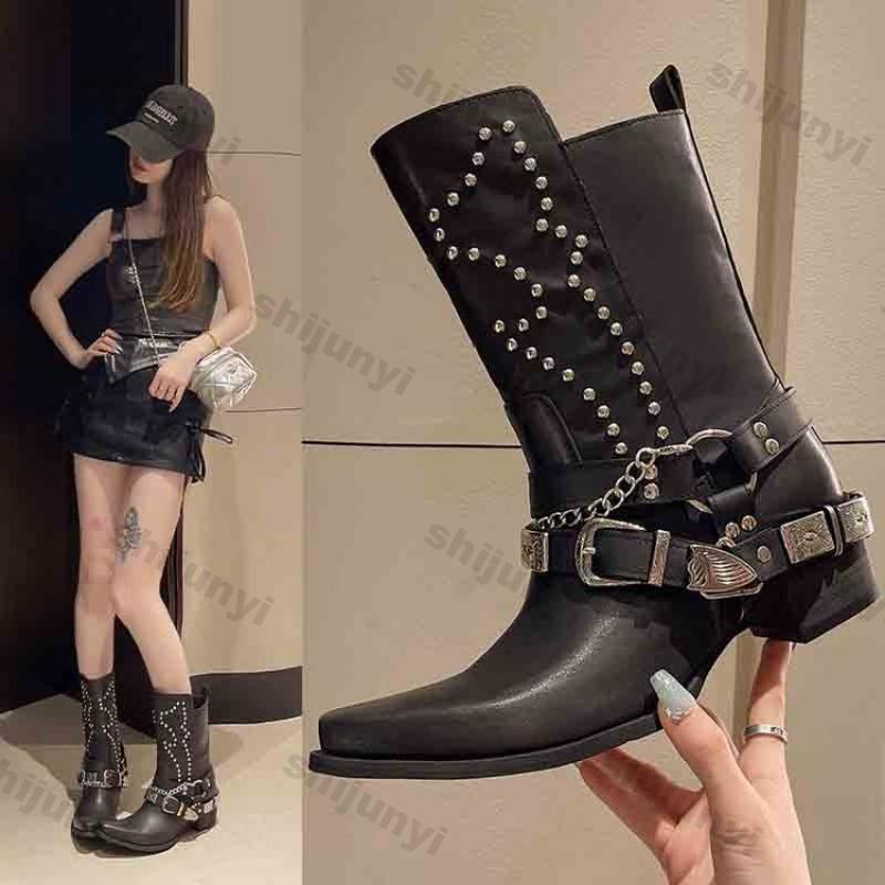 Fashion Women Chunky Mid-heel Boots Ladies Autumn Buckle Women Platform Knee High Boots Punk Street Fashion Rivet Western Cowboy Boots