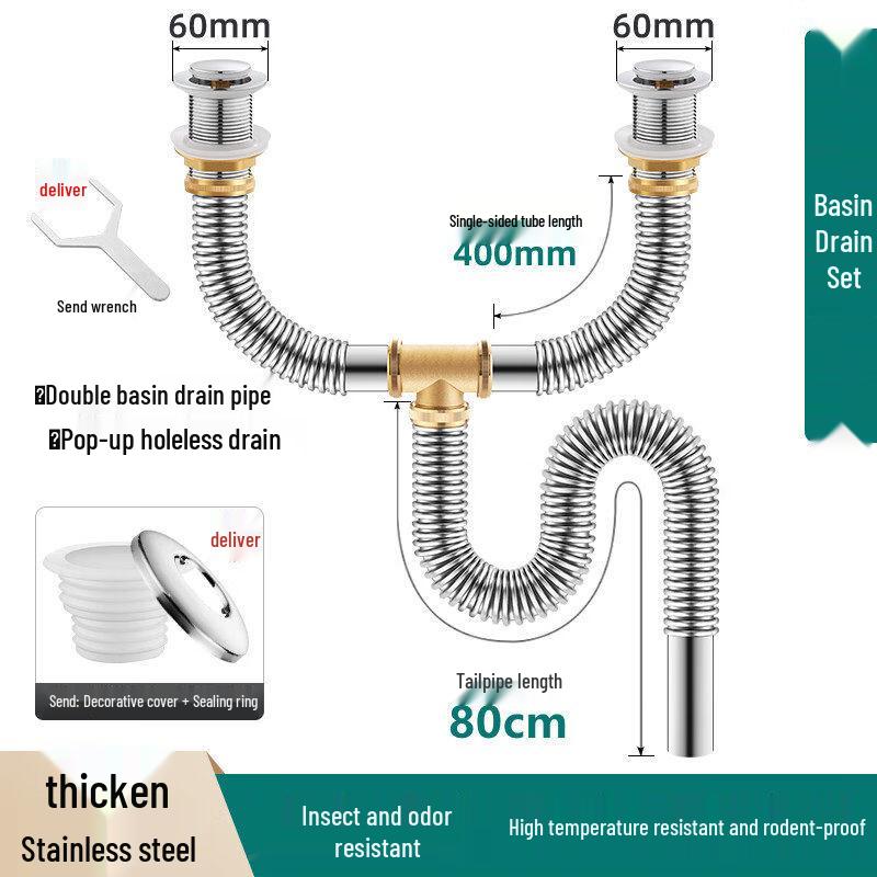 TLXT Stainless Steel Double Basin Sink Drain Pipe