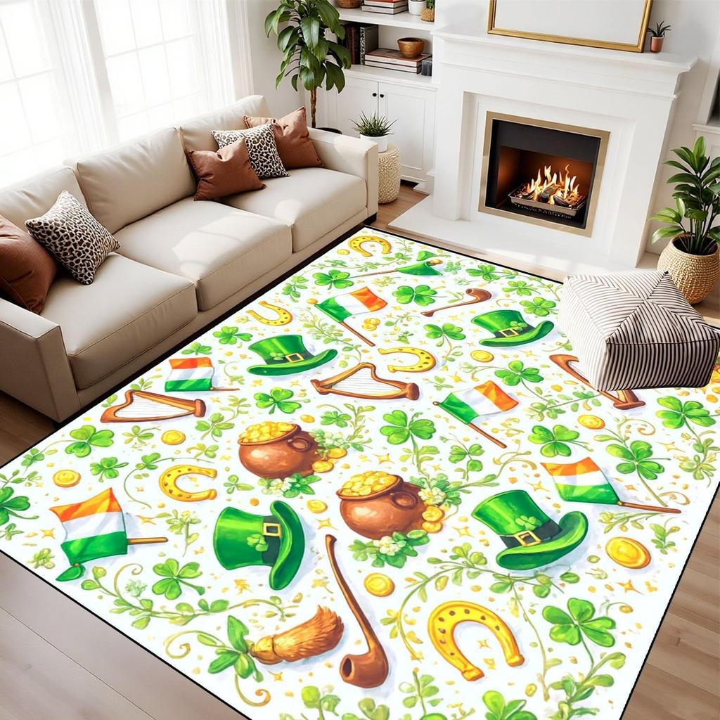 St Patricks Day Rug Green Clover Hat Decor Gold Coins Shamrock Carpet Holiday Floor Mat Soft Non-Slip Home Decor for Living Room