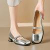 Silver thick heel single shoes new summer square head French retro Mary Jane small leather shoes