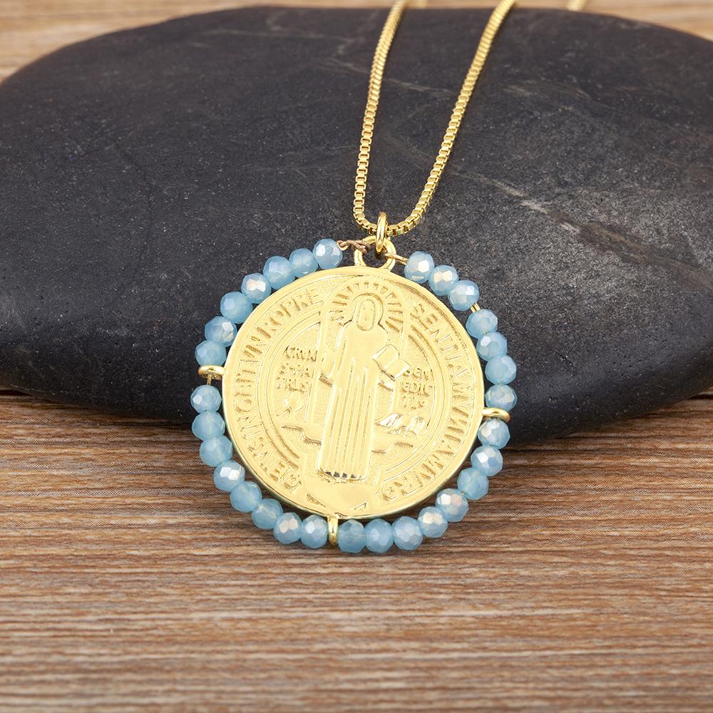 Nidin Neues Kreatives Design Runde Form Eingelegte Perlen Charm Anhänger Halskette Für Damen Herren Religiöser Stil Schmuckzubehör Geschenk